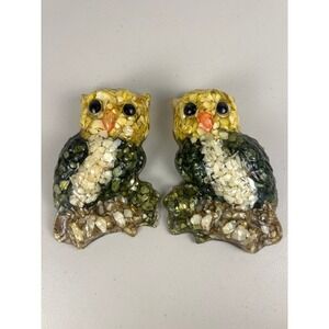 Vintage Lucite Vomit Art Owl 70s Kitsch Mother of Pearl Tennessee Shell Set of 2